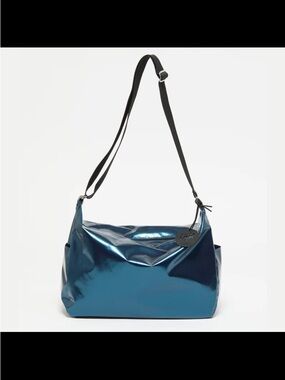Jack Gomme Paris Tote Metallic Blue Coated Canvas Crossbody w/ Pouch